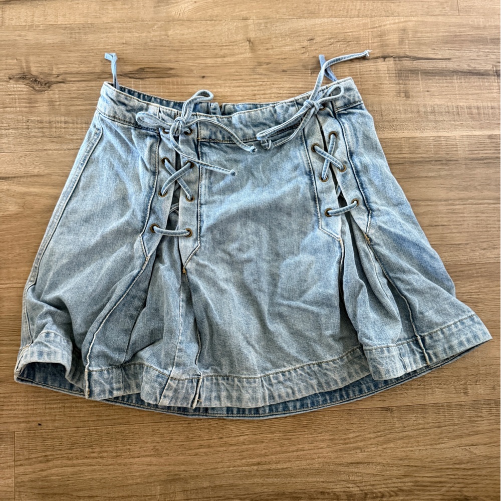 Blue Denim Skirt with Lace-Up Design